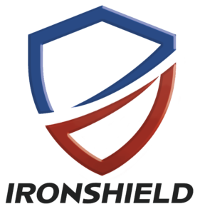 IRONSHIELD logo. Fargo fence company fence contractors North Dakota powder coating protective durable sandblasting surface preparation etching sandblaster abrasive blasting precision